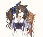  2girls :o aburi-gatana animal_ears arms_at_sides black_eyes bow bowtie breasts brown_hair floating hiding hiding_behind_another horse_ears horse_girl long_hair looking_at_another looking_at_viewer mask mouth_mask multiple_girls orange_hair orfevre_(umamusume)_(old_design) purple_eyes purple_shirt sailor_collar school_uniform shirt simple_background skirt small_breasts standing surgical_mask tosen_jordan_(umamusume) tracen_school_uniform twintails umamusume upper_body white_background white_skirt 