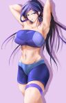  1girl absurdres armpits arms_up bandeau bare_arms bare_shoulders blue_shorts breasts clorinde_(genshin_impact) cowboy_shot dreamday drop_shadow earrings genshin_impact hair_tie_in_mouth highres jewelry large_breasts long_hair looking_at_viewer midriff mouth_hold navel purple_background purple_eyes purple_hair shorts simple_background solo standing stomach strapless thigh_strap thighs tube_top very_long_hair 