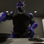  3d_(artwork) anthro black_penis blue_body bottomless clothed clothing cooking dergdrister digital_media_(artwork) dragon drister_(dergdrister) genitals half_naked holding_object holding_penis kitchen male muscular mythological_creature mythological_scalie mythology penis scalie solo 