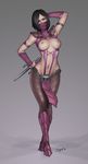  1girl areolae black_hair boots breasts brown_eyes full_body looking_at_viewer mileena mortal_kombat navel nipples pantyhose radsquid solo standing 