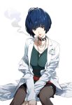  1girl ai-generated belt blue_hair choker coat collar dedasanart doctor highres jewelry lab_coat looking_at_viewer necklace persona persona_5 red_belt red_nails short_hair smile smoking solo spiked_choker spikes studded_choker studded_collar takemi_tae white_coat 