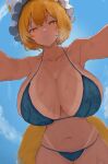  1girl absurdres bikini blonde_hair blue_bikini blue_sky breasts cleavage closed_mouth cloud commentary_request fox_girl fox_tail hat highres huge_breasts looking_at_viewer mob_cap moriforest1040 navel outdoors short_hair sky smile solo swimsuit tail tan tanlines touhou white_hat yakumo_ran yellow_eyes 