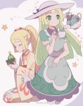  2girls 343rone absurdres apron blonde_hair cup dress dual_persona floral_print_kimono green_dress green_eyes hat highres holding holding_cup holding_spoon japanese_clothes kimono lillie_(new_year&#039;s_2021)_(pokemon) lillie_(pokemon) lillie_(special_costume)_(pokemon) long_hair long_sleeves multiple_girls pokemon pokemon_(creature) pokemon_masters_ex ponytail seiza short_sleeves sinistcha sinistea sitting spoon star_(symbol) sugar_cube teacup twitter_username white_hat wide_sleeves yellow_kimono 