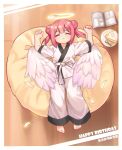  1girl angel_wings barefoot belt border cake chinese_commentary closed_eyes commentary_request double_bun feathers food fork hair_bun halo happy_birthday highres kuma-bound lying martial_arts_belt medium_hair on_back open_mouth original pants plate red_hair sleeping twintails white_belt white_border white_pants wings 