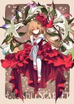  alternate_costume art_nouveau asymmetrical_hair bare_shoulders blonde_hair border character_name dress elbow_gloves flandre_scarlet flower frilled_dress frills full_body gloves hair_ornament hair_ribbon karlwolf leg_up looking_at_viewer no_hat no_headwear red_dress red_eyes ribbon rose side_ponytail smile solo star strapless strapless_dress thighhighs touhou typo white_legwear wings 