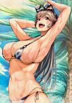  1girl :d adjusting_goggles animal_print arm_behind_head armpits arms_up bare_arms bare_shoulders bikini blue_sky blush breasts brown_hair cloud commentary_request cow_print cow_print_bikini cowboy_shot day dolphin_wave from_side goggles goggles_on_head highres huge_breasts long_hair looking_afar looking_up multi-strapped_bikini_bottom navel o-ring o-ring_bikini o-ring_bottom o-ring_top official_alternate_costume open_mouth outdoors palm_tree print_bikini side-tie_bikini_bottom sky smile solo standing stomach string_bikini swimsuit teeth tree upper_teeth_only very_long_hair wet white_bikini yamaba_yume yatoifumi yellow_eyes 