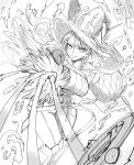  1girl absurdres aoi_takeru breasts diabellze_the_original_sinkeeper duel_monster fingernails floating_hair greyscale hat highres large_breasts long_hair mature_female monochrome outstretched_hand puffy_sleeves sketch smile solo unfinished upper_body white_hat witch yu-gi-oh! 