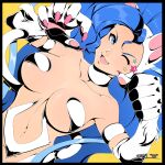  animal_ears artist_name blue_eyes blue_hair body_fur cat_ears cat_girl cat_tail claw_pose english_commentary felicia_(vampire) highres its_just_suppi long_hair nude pink_nails signature simple_background tail upper_body vampire_(game) white_fur white_tail yellow_background 