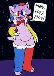 ambiguous_gender anthro apollysabyss bottomless clothed clothing dialogue english_text jester marx_(kirby) multicolored_eyes partially_clothed slightly_chubby solo text