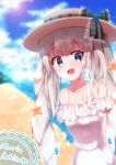  1girl :d absurdres bare_shoulders beach blue_eyes blue_sky blurry blurry_background blush bow breasts brown_hat character_name cloud cloudy_sky collarbone commentary_request day depth_of_field dress fate/grand_order fate_(series) frilled_dress frills grey_bow grey_hair hair_between_eyes hat hat_bow highres long_hair looking_at_viewer marie_antoinette_(fate) marie_antoinette_(swimsuit_caster)_(fate) off-shoulder_dress off_shoulder outdoors pixiv_fate/grand_order_contest_1 plaid plaid_bow sand sky small_breasts smile solo starfish_hair_ornament twintails very_long_hair water white_dress yuya090602 