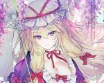  1girl blonde_hair bow breasts choker cleavage closed_mouth commentary hat hat_ribbon here_(hr_rz_ggg) highres holding holding_umbrella long_hair looking_at_viewer mob_cap purple_eyes purple_shirt red_bow red_ribbon ribbon ribbon_choker shirt smile solo touhou umbrella upper_body very_long_hair white_hat yakumo_yukari 