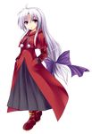  ahoge black_skirt blush boots commentary_request full_body highres k_liss_s long_hair long_skirt low-tied_long_hair m.u.g.e.n melty_blood open_clothes open_mouth purple_eyes red_len skirt solo transparent_background tsukihime very_long_hair white_hair 