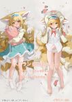  1girl :d :o animal_ear_fluff animal_ears arknights arms_up ass_visible_through_thighs bare_legs barefoot bed_sheet blonde_hair blue_hairband blue_skirt blush bow bow_panties collared_shirt commentary_request dakimakura_(medium) dress_shirt flower fox_ears fox_girl fox_tail frilled_hairband frills green_eyes grey_jacket hair_between_eyes hairband hugging_object jacket kitsune kyuubi long_hair long_sleeves multicolored_hair multiple_tails multiple_views no_shoes nose_blush open_clothes open_jacket panties parted_lips petals pillow pillow_hug pink_flower polka_dot_pillow puffy_long_sleeves puffy_sleeves shio_(shiofeifei) shirt skirt smile socks suzuran_(arknights) suzuran_(spring_praise)_(arknights) tail translation_request two-tone_hair underwear very_long_hair white_flower white_hair white_panties white_shirt white_socks 