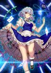  apron binary blue_background braid card frown glint gradient gradient_background hair_ribbon highres izayoi_sakuya knife looking_at_viewer maid_headdress mam_(weizhima23) playing_card pocket_watch puffy_short_sleeves puffy_sleeves red_eyes ribbon short_hair short_sleeves silver_hair skirt skirt_lift skirt_set solo standing standing_on_one_leg too_many too_many_knives touhou tress_ribbon twin_braids waist_apron watch 