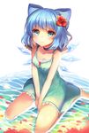  alternate_costume aqua_dress bad_id bad_pixiv_id bare_arms bare_shoulders barefoot blue_eyes blue_hair bow breasts choker cirno cleavage collarbone dress flower frown hair_bow hair_flower hair_ornament ice ice_wings medium_breasts miya_(tokumei) partially_submerged petals sad sitting solo touhou v_arms wariza water wings 