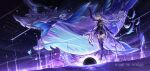 1girl absurdres all-devouring_narwhal_(genshin_impact) arm_up black_hole butterfly_hair_ornament dress elbow_gloves full_body genshin_impact gloves hair_between_eyes hair_ornament highres long_hair multicolored_clothes multicolored_dress multicolored_hair narwhal skirk_(genshin_impact) solo star_(sky) streaked_hair thighhighs thighs varhan_zuhair 