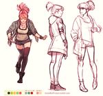  annie_mei annie_mei_project black_legwear bracelet breasts caleb_thomas casual character_sheet cleavage color_guide green_eyes jacket jewelry long_hair medium_breasts multiple_views necklace pink_hair ponytail short_shorts shorts sketch smile thighhighs 