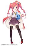  backpack bag cape crown daibouken!_yukeyuke_osawari_island fang full_body long_hair name_tag ochinsama official_art red_eyes red_hair school_uniform simple_background solo suspenders thighhighs twintails 