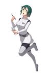  art_brush belt black_legwear bob_cut boots full_body green_eyes green_hair leaf98k leg_lift mecha midorikawa_yuhata miniature model mole morito_(sidonia_no_kishi) open_mouth paintbrush pantyhose short_hair sidonia_no_kishi simple_background solo thigh_boots thighhighs uniform white_background white_footwear white_legwear 