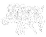  absurdres bad_id bad_pixiv_id crossover formal gift greyscale hair_over_one_eye highres ichinose_kazuya inazuma_eleven inazuma_eleven_(series) inazuma_eleven_go inazuma_eleven_go_galaxy kazemaru_ichirouta lineart long_hair looking_at_viewer male_focus matatagi_hayato matsukaze_tenma matsumoto_achi monochrome multiple_boys necktie one_eye_closed open_mouth ponytail shindou_takuto simple_background sitting smile suit time_paradox white_background 