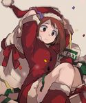  arms_behind_head blush_stickers boku_no_hero_academia brown_eyes brown_hair confetti gift hat holding knees_together_feet_apart long_sleeves sack santa_costume santa_hat shina_000 short_hair solo uraraka_ochako 