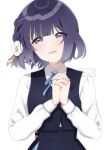  1girl absurdres blue_overskirt blue_ribbon blue_skirt blue_vest blush flower gakuen_idolmaster hair_flower hair_ornament hataya_misuzu hatsuboshi_gakuen_school_uniform highres idolmaster interlocked_fingers long_sleeves looking_at_viewer neck_ribbon own_hands_together palms_together pleated_skirt purple_hair ribbon school_uniform shirt short_hair simple_background skirt sky-blue1104 smile solo upper_body vest white_background white_shirt 