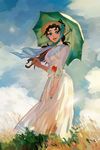  anz black_hair blue_eyes cloud day dress fine_art_parody from_below grass hat highres jojo_no_kimyou_na_bouken parasol parody sherry_polnareff sky umbrella white_dress 