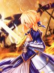  absurdres ahoge armor artoria_pendragon_(all) bad_id bad_pixiv_id blonde_hair dress excalibur fate/stay_night fate_(series) gauntlets glowing glowing_sword glowing_weapon green_eyes hair_over_one_eye hair_ribbon highres rattlepool ribbon saber solo weapon 
