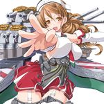  blush bouncing_breasts breasts brown_eyes brown_hair cannon corset dd_(ijigendd) detached_sleeves garter_straps headdress kantai_collection large_breasts littorio_(kantai_collection) long_hair looking_at_viewer machinery miniskirt necktie open_mouth pleated_skirt ponytail shirt skirt sleeveless sleeveless_shirt solo thighhighs wavy_hair zettai_ryouiki 