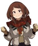  blush_stickers boku_no_hero_academia brown_eyes brown_hair buttons gloves long_sleeves plaid plaid_scarf scarf school_uniform shina_000 short_hair simple_background smile solo u.a._school_uniform uraraka_ochako white_background winter_clothes 