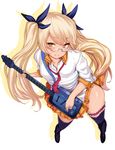  black_legwear blonde_hair breasts brown_eyes dog_tail garters glasses guitar hair_ribbon instrument long_hair looking_at_viewer necktie raised_eyebrows red_neckwear retoree ribbon shiokonbu show_by_rock!! small_breasts smile solo tail thighhighs thighs tsurime twintails very_long_hair 