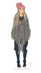  alternate_costume annie_mei annie_mei_project baggy_clothes baggy_pants blush caleb_thomas commentary earrings full_body green_eyes high_ponytail jacket jewelry lips long_hair necklace pants pigeon-toed pink_hair shoes sleeves_past_wrists smile sneakers solo 