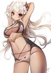 armpits arms_behind_head arms_up artist_name bad_id bad_pixiv_id blush breasts cleavage horns large_breasts long_hair looking_at_viewer navel original red_eyes silver_hair simple_background solo standing sukja tan tanline 