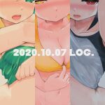  3girls amano_pikamee blonde_hair blush breasts bright_pupils cleavage close-up clothes_lift collarbone column_lineup dated green_eyes grey_hair heavy_breathing highres hikasa_tomoshika jitomi_monoe multiple_girls navel open_mouth raglan_sleeves red_eyes sharp_teeth shirt shirt_lift short_hair short_sleeves solo t-shirt tank_top teeth temari_rin undressing upper_teeth_only virtual_youtuber voms white_pupils 