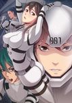  3boys akai_mochikuni aoki_kashiwade ass backpack bag belt blue_eyes blue_hair bodysuit brown_eyes brown_hair green_eyes green_hair hair_between_eyes helmet impossible_bodysuit impossible_clothes leaf98k midorikawa_izumo momose_hinata morito_(sidonia_no_kishi) multiple_boys number open_mouth pilot_suit sidonia_no_kishi star_(sky) 