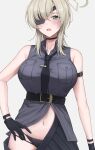  1girl amyu_(amm_asl_pa) arm_strap belt black_belt black_choker black_gloves black_necktie black_panties black_skirt blonde_hair blue_archive blush breasts choker clothes_pull eyepatch gloves green_eyes grey_shirt halo hand_on_own_hip highres large_breasts looking_at_viewer medium_hair necktie open_mouth panties pleated_skirt shirt simple_background skirt skirt_pull sleeveless sleeveless_shirt solo suou_(blue_archive) underwear yellow_halo 