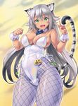  :d animal_ears breasts dark_skin detached_collar fangs fishnet_pantyhose fishnets green_eyes kittysuit kiyama_satoshi large_breasts leotard long_hair necktie open_mouth original pantyhose paw_pose smile solo tail tiger_ears tiger_tail v very_long_hair wrist_cuffs 