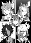  5girls absurdres ahoge air_messiah_(umamusume) animal_ears breasts collarbone commentary_request dantsu_flame_(umamusume) forehead fuji_kiseki_(umamusume) gift glaring glasses hair_between_eyes hair_ornament highres horse_ears horse_girl jichou_senshi jungle_pocket_(umamusume) medium_breasts monochrome multiple_girls narita_top_road_(umamusume) nervous_sweating school_uniform sweat tracen_school_uniform translation_request umamusume 