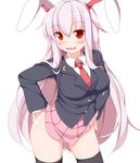 :3 animal_ears bangs black_legwear blazer blush breasts bunny_ears collared_shirt commentary contrapposto cowboy_shot crescent hands_on_hips hips jacket large_breasts long_hair long_sleeves looking_at_viewer necktie nikku_(ra) no_panties open_mouth pink_skirt pleated_skirt purple_hair red_eyes red_neckwear reisen_udongein_inaba revision shirt simple_background skirt skirt_lift smile solo standing thighhighs thighs touhou very_long_hair white_background wing_collar 