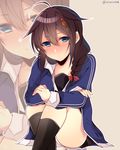  1girl blue_eyes braid brown_hair hair_flaps hair_ribbon jacket kantai_collection long_hair panties pantyshot pantyshot_(sitting) remodel_(kantai_collection) ribbon school_uniform serafuku shigure_(kantai_collection) shisei_(kyuushoku_banchou) single_braid sitting skirt smile solo track_jacket twitter_username underwear zoom_layer 