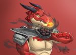  2018 armor brawlhalla claws clothing dagger dragon fangs fire fire_breathing gauntlets gloves gradient_background inviting looking_at_viewer male melee_weapon muscular muscular_male pecs ragnir_(brawlhalla) red_background reptile scalie shoulder_guard signature simple_background slit_pupils solo weapon wolf0xt3r 