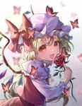  1girl ascot bat_wings blonde_hair bug butterfly crystal flandre_scarlet flower hat hat_ribbon highres kopi_(user_ajtn7422) mob_cap multicolored_wings one_side_up open_mouth puffy_short_sleeves puffy_sleeves red_eyes red_skirt red_vest ribbon short_sleeves side_ponytail skirt skirt_set touhou vest white_hat wings yellow_ascot 