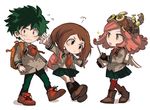  2girls bad_id bad_pixiv_id boku_no_hero_academia boots brown_eyes brown_hair chibi cross-laced_footwear goggles goggles_on_head hatsume_mei lace-up_boots long_sleeves midoriya_izuku multiple_girls pants pantyhose pink_hair pleated_skirt school_uniform shina_000 short_hair skirt sparkle u.a._school_uniform uraraka_ochako walking yellow_eyes 