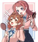  2girls blue_ribbon blush borrowed_hairstyle brown_cardigan brown_hair brown_jacket cardigan commentary_request gakuen_idolmaster hair_brush hanami_saki hanami_ume hatsuboshi_gakuen_school_uniform highres holding holding_hair_brush holding_mirror idolmaster jacket long_sleeves looking_at_another looking_up lvetica mirror multiple_girls neck_ribbon ribbon school_uniform shirt siblings sisters smile two_side_up white_shirt 