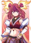  1girl :3 animal_ears aospanking asymmetrical_sleeves bare_shoulders bell bell_earrings bike_shorts breasts bridal_gauntlets closed_mouth commentary_request cowboy_shot crop_top detached_sleeves duel_monster earrings fiery_ears groin ha-re_the_sword_mikanko hair_between_eyes hair_ribbon jewelry jingle_bell_earrings looking_at_viewer medium_hair midriff mouse_ears multicolored_hair navel red_background red_eyes red_hair red_shirt ribbon shirt sidelocks sleeveless sleeveless_shirt small_breasts smile solo standing two_side_up white_sleeves yu-gi-oh! 