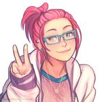  alternate_hairstyle annie_mei annie_mei_project bespectacled blue-framed_eyewear caleb_thomas casual glasses green_eyes jacket jewelry long_hair necklace pink_hair ponytail sleeves_past_wrists smile solo upper_body v 