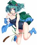  backpack bag blue_eyes blue_footwear boots breasts cleavage green_hair hat jewelry kawashiro_nitori key medium_breasts nanamiya necklace off_shoulder one-piece_swimsuit school_swimsuit smile solo strap_slip swimsuit touhou two_side_up 