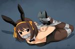  animal_ears arms_behind_back bad_id bad_pixiv_id bangs bdsm bondage bound bow bowtie breasts brown_eyes brown_hair bunny_ears bunny_tail bunnysuit detached_collar full_body gag gagged hair_ribbon hairband high_heels highres hogtie improvised_gag looking_at_viewer lost_one_zero lying medium_breasts on_stomach orange_hairband pantyhose ribbon short_hair signature solo stiletto_heels suzumiya_haruhi suzumiya_haruhi_no_yuuutsu tail tape tape_bondage tape_gag teardrop 