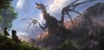  2others animal_skeleton bad_deviantart_id bad_id blue_sky cape cliff cloud commentary day dragon english_commentary fantasy fog from_below giant giant_monster jonas_de_ro landscape moss multiple_others open_mouth original outdoors planet plant_roots realistic scenery skeleton sky standing tree wide_shot 