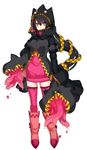  banette black_hair boots dress expressionless extra_mouth full_body gen_3_pokemon highres hood katagiri_hachigou long_hair mega_banette mega_pokemon personification pink_legwear pokemon ponytail red_eyes short_dress simple_background solo thighhighs zettai_ryouiki zipper 